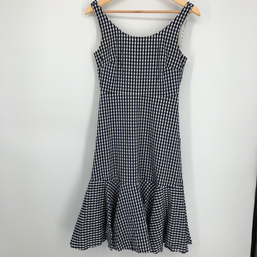 J Crew Womens Dress Size 0 Gingham Ruffle Hem‎ Midi Dress Blue White Sleeveless